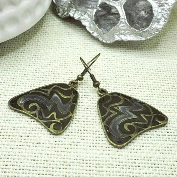 Enamel Earrings Antiqued Brass Gray and Black Triangle - Picture 2 of 7